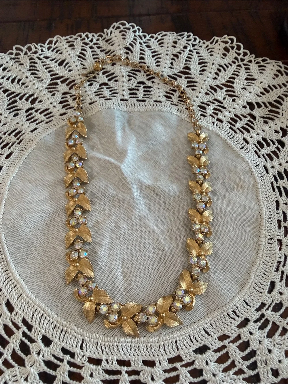Vintage Charel Gold Tone Leaves & Floral Rhinestone Necklace